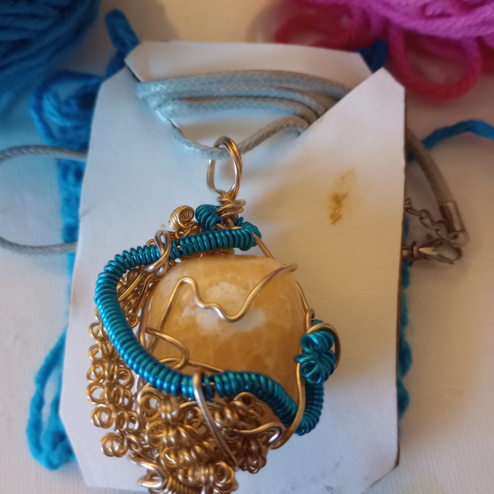 Handcrafted Gold and Blue Wire Wrapped Pendant